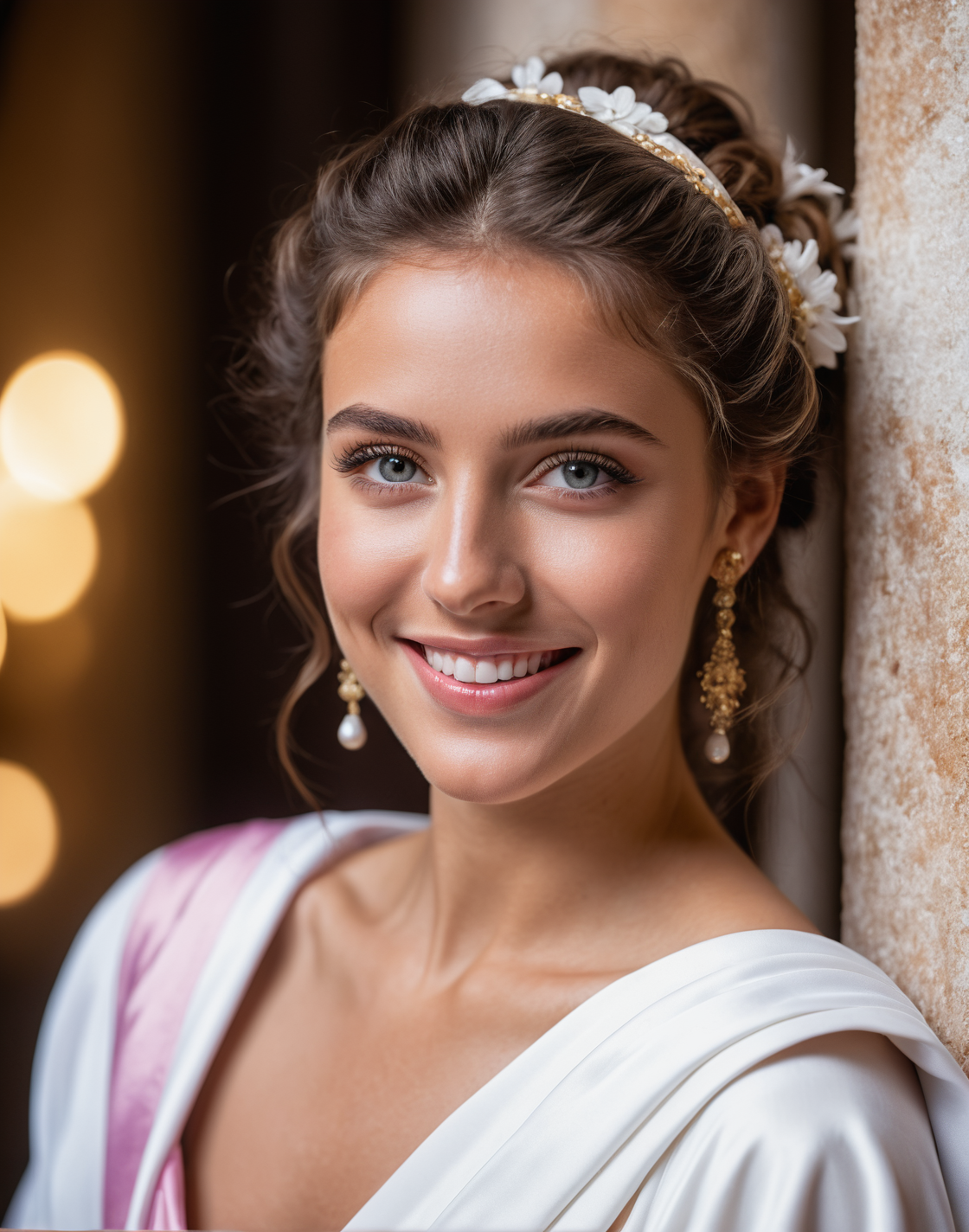 in a (pink and white toga barely covering body), (striking features, smiling, beauty, intricate details, dramatic composition, wispy hair,  perfect eyes, highly detailed beautiful expressive eyes,  texture, 6 inch white heels, Rome, 35mm photograph, film, bokeh, professional, 4k, highly detailed dynamic lighting, photorealistic, 8k, raw, rich, intricate details, key visual, vivid colors