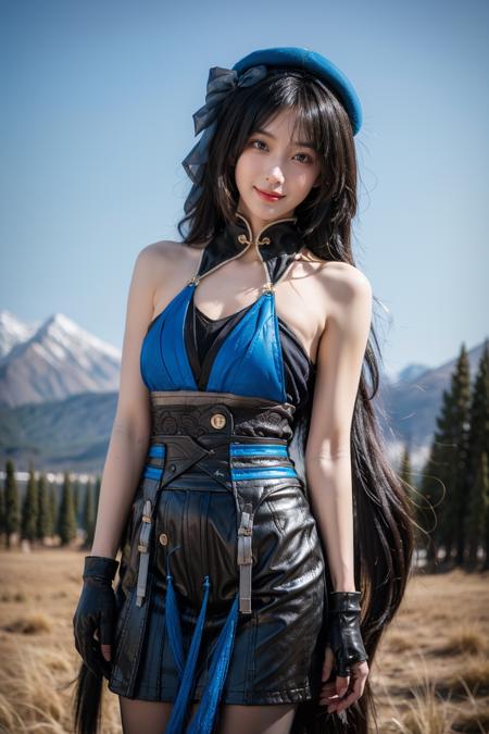 yinlin cosplay costume,yinlin,cosplay,red hair,long hair,ponytail,pointy ears,china dress,dress,center opening,cleavage cutout,see-through,breasts,large breasts,hair ornament,hair stick,hairband,gloves,elbow gloves,gauntlets,chain,high heels