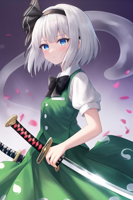 masterpiece, best quality, highres, solo, {konpaku_youmu_touhou:1.10}, short_hair, ribbon, hairband, black_hairband, hair_ribbon, white_hair, black_ribbon, bangs, sword, katana, vest, blue_eyes, green_vest, hitodama, bow, sheath, grey_hair