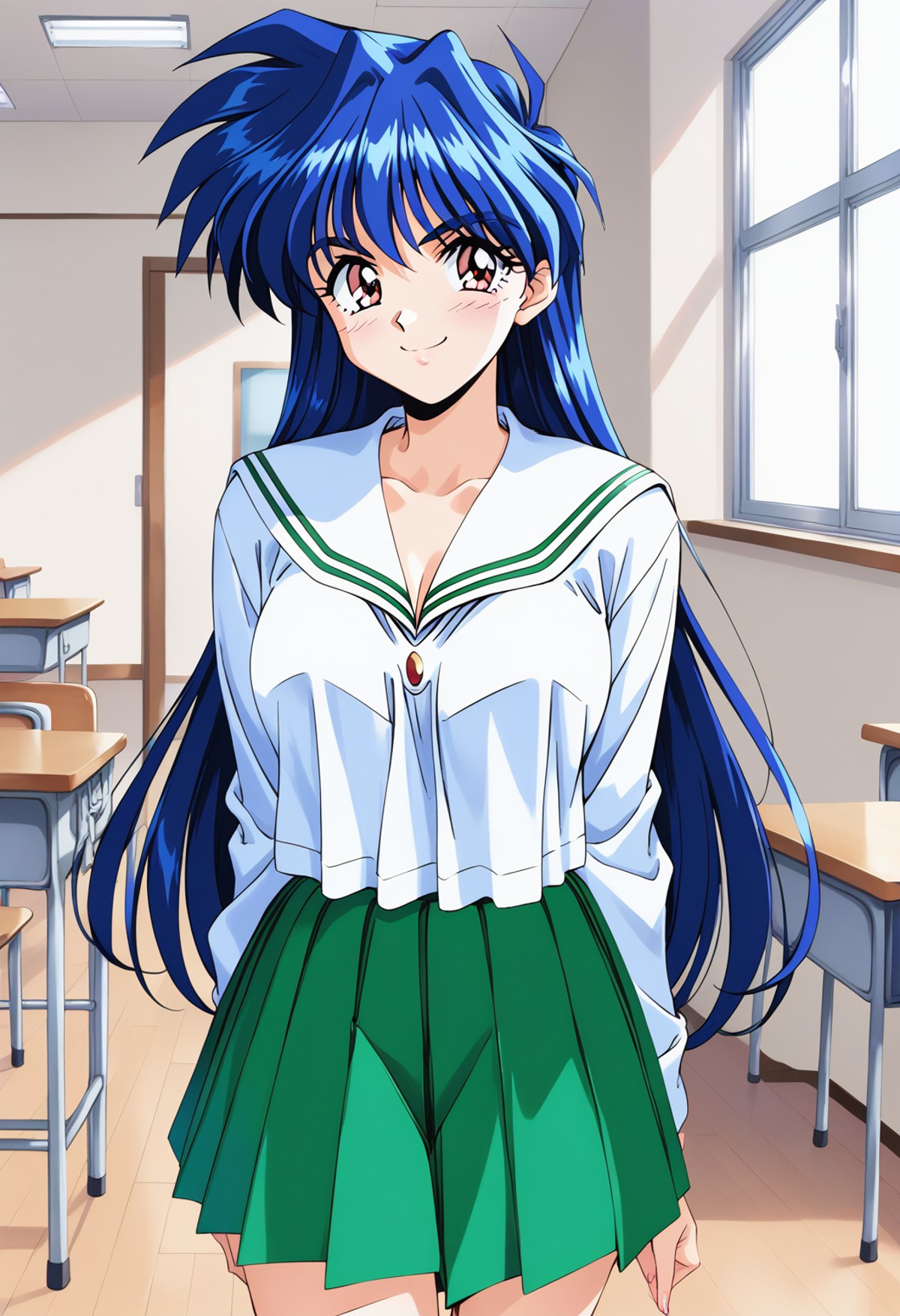 1girl, solo, cowboy shot, classroom, smile, retro artstyle, 1990s \(style\), 
arai_kiyomi, brown eyes, blue hair, long hai...