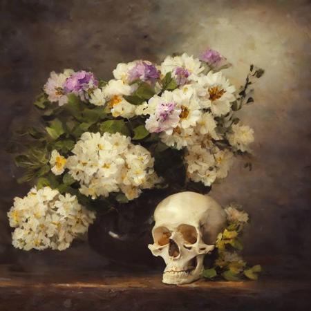 still life flowers and scull, highly detailed, sharp focus, professional, 4k, max detail, god rays, highres,high detail, sharp focus, smooth, aesthetic, extremely detailed, detailed facial features, hand model, petite, delicate, innocent, intricate details, spring flowers blooming,