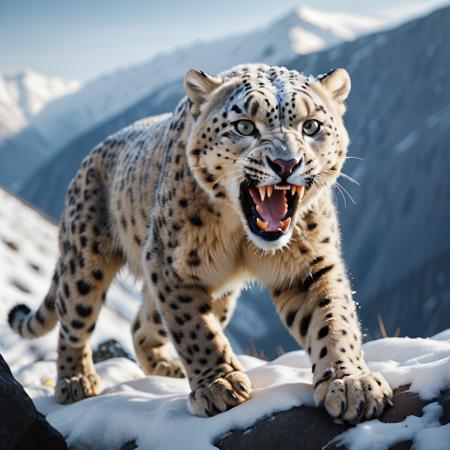 
highly detailed documentary photo of a (snow loepard):1.0 ready to attack in a snowy mountain pass,

snow leopard, open mouth, fangs, 

depth of field:1.2, blurry, blurry background,
realistic:1.1,

photorealistic,
32k, best quality, 
shadow play:1.1,
light and dark,




