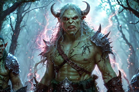 bioluminescent, an orc berserker with green skin, covered in war paint, holding two axes, solo, from the Shadowskull Clan, with dark cloaks and skull trophies, an orc forest ambush site with hidden traps, dense trees, scattered loot, detailed background, scavenging debris, searching for loot, determined, furrowed brow, environment focus, wide shot, a beast taming ritual with orcs taming worgs, whips cracking, crowds watching, a heavy warhammer with a spiked head, nearby, on swamp mud, wet and slimy, cloudy, overcast sky, diffused light, cool tones, midnight, dark starry sky, moonlight, cool stillness, best quality, vibrant colors, realistic style, high detail, high-definition, hyper-realistic, extremely high-resolution details, fine texture, incredibly lifelike, realistic, not cartoon, not drawing, highres, 4K resolution, source photo, realistic photo, masterpiece, best quality, amazing quality, very aesthetic, ultra-detailed, detailed textures, natural lighting, soft light, shadowy tones, deep blacks and grays, storm light, dramatic lightning flashes, high angle shot, looking down, <lora:Mystic_Lumina_r1-000007:0.9>