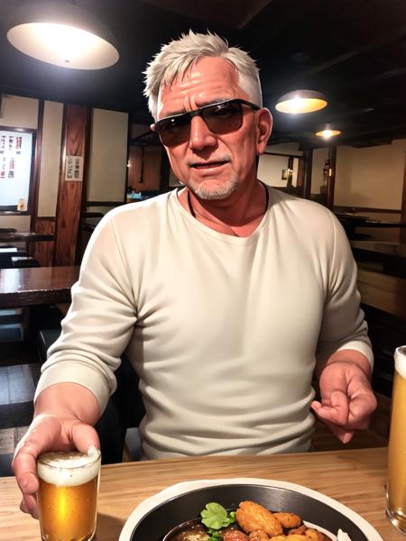 masterpiece, best quality, ultra-detailed, illustration,
murayakuba, izakaya, indoors, lamp, ceiling light, wooden floor, poster (object), 
multiple boys, (older man), silver hair , short cut, (mascular male:1.5), (sunglasses), cowboy hat, laughing, beer mug, beer, salad, food,karaage,
 <lora:Murayakuba:1>