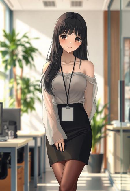 Anime-style shy and beautiful young female secretary standing in a modern office during the day. She has long, smooth black hair and gentle eyes, looking slightly down with a shy smile. She wears an elegant off-shoulder summer transparent thin blouse without straps, with long flowing sleeves, slightly sheer and soft, tucked into a  black pencil transparent very mini skirt that ends just above the knees. She also wears thin, transparent black stockings and modest black heels. A small ID badge hangs subtly at her waist, adding to her reserved posture. Her cheeks are slightly flushed, giving a blushing expression as she stands near the office entrance, uncertain where to go. Background includes bright natural lighting, indoor plants, office desks, and soft shadows. The overall tone is warm and welcoming, with a soft-focus anime style and subtle bokeh effect in the background. Full-body composition, delicate lighting, cinematic mood.