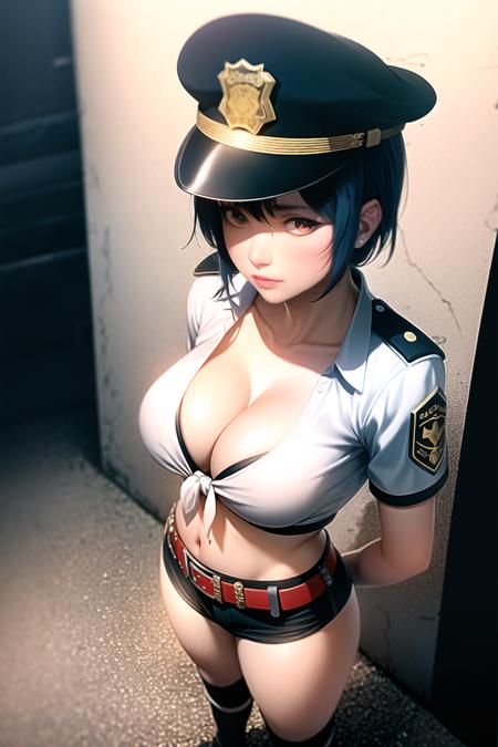 <lora:DOA5LR Ayane Police Costume :1>, DOA, Ayane, full body, (black police peaked cap:1.2), Police, cleavage, Midriffs, white shirt, front-tie top, (red eyes:1.2), short blue hair, Black High-waist shorts, (red belt:1.2), black fingerless gloves, black boots, (masterpiece:1.4), photorealistic, best quality, beautiful lighting, real life, natural makeup, ultra detailed face, ultra detailed eyes, intricate, high detail, sharp focus, dramatic, beautiful girl, (RAW photo, 8k uhd, film grain), caustics, subsurface scattering, reflections