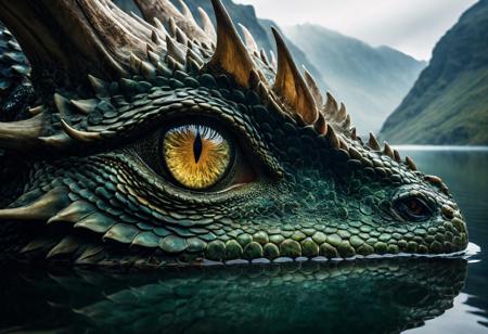 photorealistic (Highest Quality, 32k, masterpiece, Amazing Details:1.1) a striking and surreal scene, natural world and fantasy, close up, massive dragon eye, filling almost the entire frame, looks to the viewer, the eye is highly detailed, with a slit-like pupil, powerful creature, perhaps a dragon or another mythical being. The texture around the eye is rugged and scaly, giving the impression of ancient, weathered skin, reflecting water, otherworldly light that surrounds the scene. The atmosphere is misty and dreamlike, adding to the sense of mystery and awe. Overall, the image is both dramatic and thought-provoking, blending cultural elements with a fantastical imagination to create a visually captivating scene. <lora:add-detail-xl:1.39> misc <lora:H1DetailedEyes_V3:0.73> <lora:H1Mild detail adjusterV10:0.94>, wildlife photography, capturing nature's beauty, breathtaking landscapes, immersive experience, storytelling through imagery, showcasing wildlife behavior, sharp details, evocative composition, unique perspective