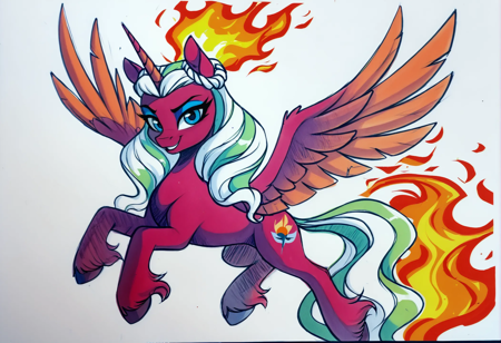 score_9, score_8_up, score_7_up, score_6_up, score_5_up, score_4_up, rating_safe, opaline arcana, alicorn, female, g5, mare, pony, solo, fire, flying, looking at you, unshorn fetlocks, wings, wip, smiling, spread wings, smiling at you, traditional art, marker drawing, sketch, (scan:0.7), <lora:Wholesome_MLP-v1.2:1>