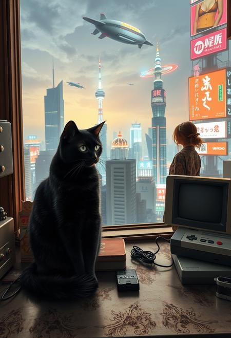 Extreme high resolution and detailed photo of Black Cat with green blue eyes sits on a cluttered metal riveted desk next to a maneki neko statue and a small Nintendo NES, the cat is looking out to a floor to ceiling window that looks out over a futuristic cyberpunk Tokyo skyline with skyscrapers, holographic advertisements, futuristic airships covered with lights and advertisements in Japanese, a space elevator, (((a tall thin beautiful young woman, 22 years old, is standing next to the cat looking out at the city through the window))), The woman is dressed in an ornate Japanese style bath robe and her lower legs.  The woman's hair is messy from just waking up and tied up with a ribbon. Artistic cyberpunk, dynamic perspective, a translucent neon projection of a strip club bar advertisement displaying a partially dressed woman is visible on a nearby building,