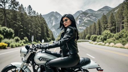 <lyco:personv1.0:1> Kylie Jenner, full body portrait, riding a motorcycle, wearing a black leather jacket, sharp, bokeh, action shot, realistic, film grain