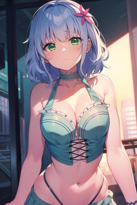 muse, blue hair, (green eyes:1.5), short hair, hair ornament, choker, frills, midriff, miniskirt, navel, skirt,