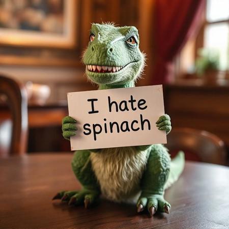 Photo from a table with a fluffy  t-rex holding a sign text: "I hate spinach"