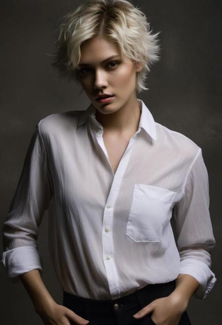 She has white pixie haircut, messy hair , white trasparent button shirt, open shirt, golden makeup , simple jewelry, realistic skin pores , light moles,
BREAK sexy, attractive , erotic, half body shot , flowing pose, sensual ,
BREAK low-key lighting photograph, in the style of photo shooting, chiaroscuro lighting,  textured background with vintage decoration , medium format photography, Kodak portra colors