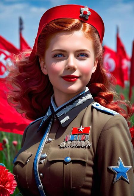 Artgerm, WLOP, Greg Rutkowski; Beautiful happy Soviet Soldier Girl in an Intricately Designed tight brown uniform, wavy red hair, Realistic nice blue eyes, big beautiful pupils, Standing resolutely on the battlefield, World War II, victory celebration, red flags and red carnations