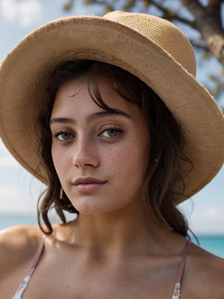 A beautiful 3ll4p,1girl, solo, breasts, looking at viewer, smile, brown hair, hat, brown eyes, medium breasts, swimsuit, upper body, bikini, outdoors, sky, day, mole, tree, lips, freckles, mole on breast, realistic, palm tree, straw hat, soft lighting, professional Photography, Photorealistic, detailed, RAW, analog, sharp focus, 8k, HD, high quality, masterpiece<lora:3ll4p:1.0>