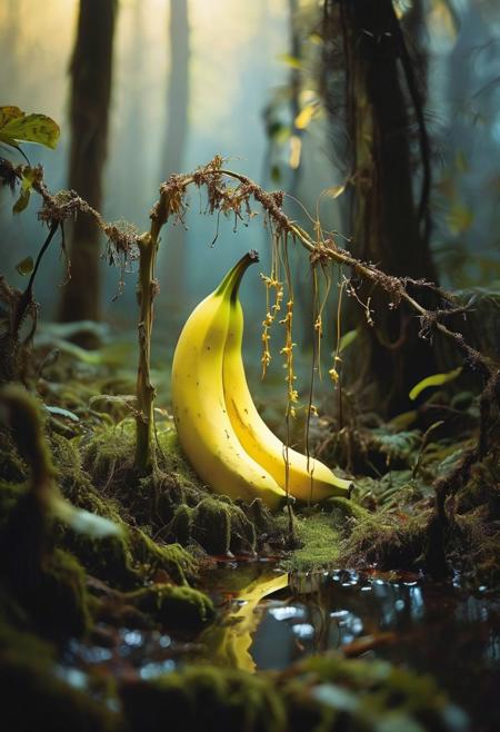 Eerie Beauty: A moonlit forest bathed in an ethereal glow, where ancient, gnarled trees twist into fantastical shapes. Wispy, bioluminescent banana illuminate the forest floor, while a stack banana with piercing needles sprout from the shadows.