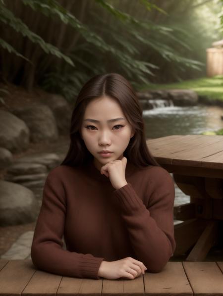 masterpiece, best quality, realistic, (extreme closeup, face focus, headshot:1.2), woman, Isa, solo, plain knit sweater, looking at viewer, sitting at a table, pretty face, detailed eyes, serene park, spring flowers, <lora:MIO2:1>