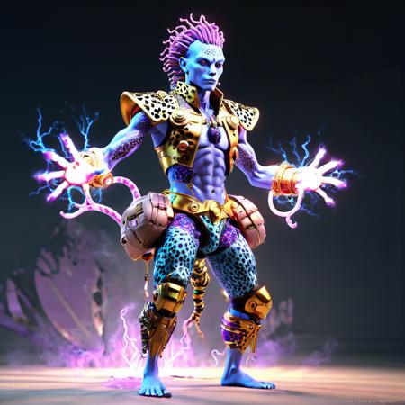 ((best quality)), ((masterpiece)), ((realistic,digital art)), (hyper detailed),teslapunkai male Nanotech Fabric Innovator, AI Entities, Self-aware Artificial Intelligence with high-level cognitive abilities, Ageless Lanky, Polynesian, Deep blue eyes,  Angular Nose,  Angular Jaw, Symmetrical Cheeks,  Rectangular face shape,   , Lavender Mohawk hair, Skepticism,, Dynamic Reach, Character reaches out with one arm, as if reaching for something just out of grasp.,  wearing  Adaptive Chameleon Camo Pants, Poplin  Leopard print  Blush Holo-Lace Vest, Holo-stitched Yoga Slippers, ,  and, Drawing energy from the earth with roots, connecting to the natural world, octane rendering, raytracing, volumetric lighting, Backlit,Rim Lighting, 8K, HDR,  <lora:TeslaPunkAIXLv2:1>