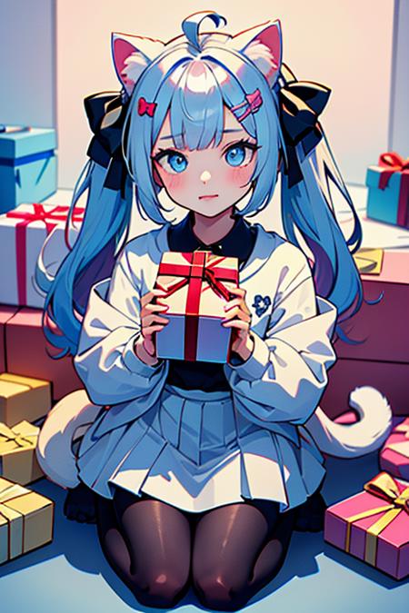 Best quality,masterpiece,ultra high res,<lora:vaporwave:0.7>,
1girl, animal ears, cat ears, blue eyes, blue hair, solo, long hair, bow, hair bow, chibi, ahoge, black bow, long sleeves, holding, white skirt, cat girl, skirt, virtual youtuber, bangs, multicolored hair, cat tail, hair ornament, tail, cat, twintails, hairclip, kneeling, looking at viewer, gift, very long hair, pleated skirt, pink hair, animal ear fluff, jacket, box, blush, animal, holding animal, white cat, white jacket, streaked hair, gift box