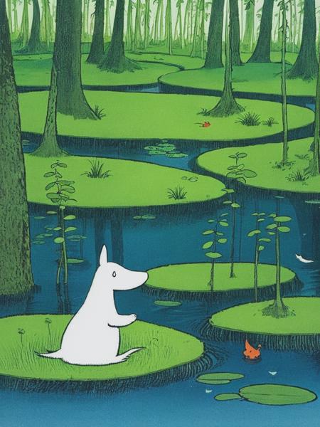 <lyco:ToveJansson:1.0> a critter in a Moomin swamp, illustration by Tove Jansson, in the style of Moomin Troll book illustrations, color