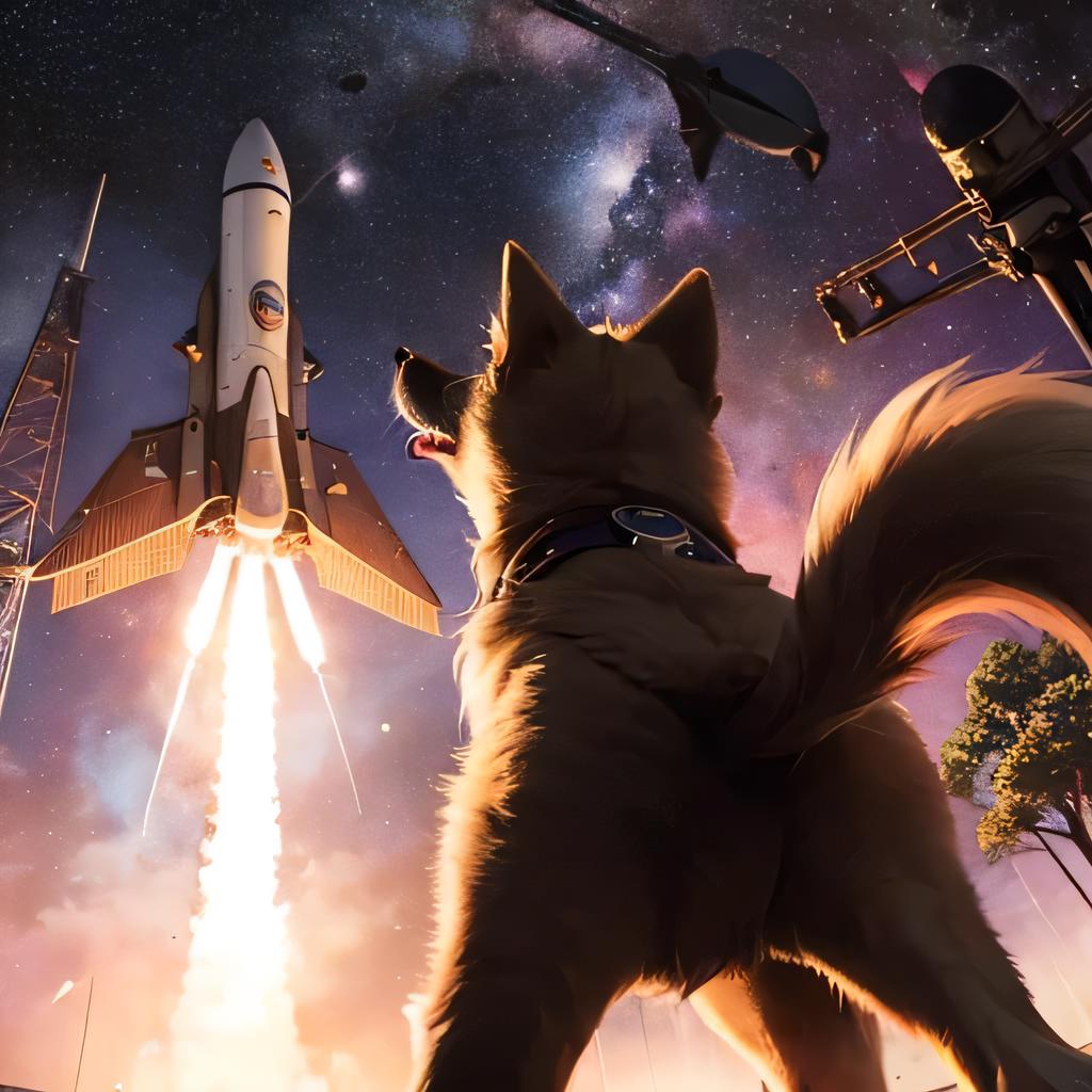 best quality, ultra-detailed, realistic, (dog from behind:1.3),(space ship launch:1.5), (forest:1.1)