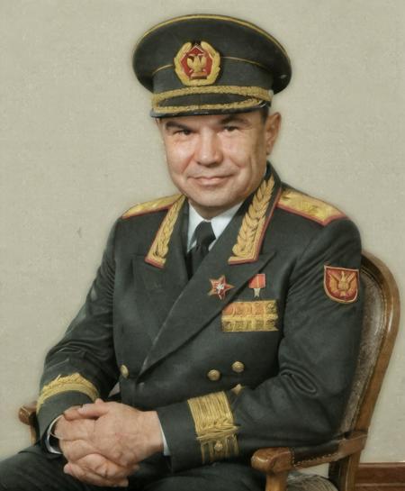 full body photo of dmitry yazov wearing military uniform and cap smiling sitting in a chair, <lora:dmitry_yazov_v3:1>