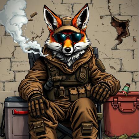 humanoid fox in brown camouflage clothing and body armor sitting in camp chair and smoking pipe, tactical baseball cap, lots of steam, aviator sunglasses, camping cooler with beer nearby, medium shot, full face, looking at camera, unrealistic, drawing, destroyed wall behind, normal size head, best quality, masterpiece, high detail