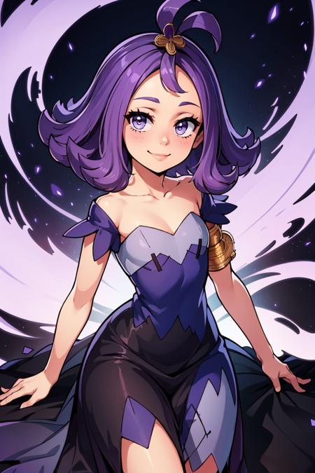   acerola (pokemon), purple hair, purple hair, topknot, flipped hair,  collarbone, purple dress, sleeves, stitches,  multicolored dress, armlet,