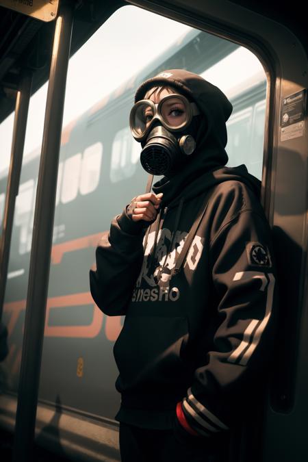 (best quality:1.3), (masterpiece:1.3), (detailed:1.2), 8K, 1girl, trainhopper, vagrant, hooligan, streetwear, gasmask, vibrant smoke, dramatic lighting