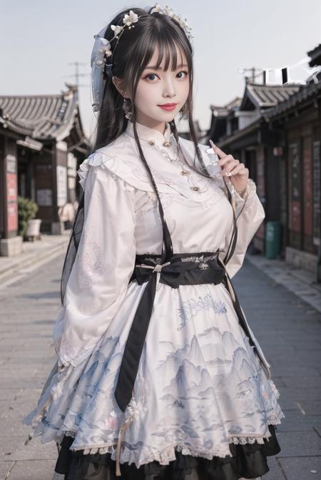 realistic, photorealistic, masterpiece, best quality, 1girl, solo, smile, looking at viewer, long black hair, cowboy shot, cns_dress, pettiskirt, standing, arms behind back, (china jiangnan water town style:1.1), beautiful sky, netural lighting,<lora:Cute Asian Face:0.65> ,  <lora:cns_dress_style3_v2:0.7>