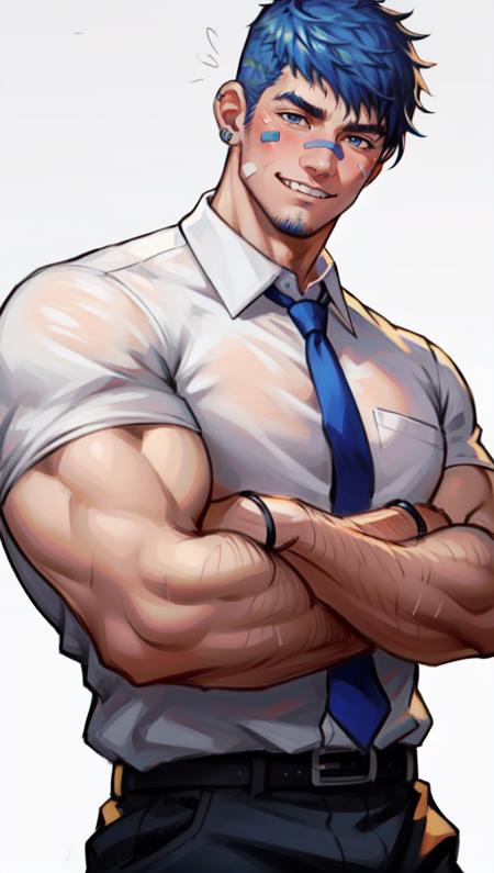 solo, 1boy, male focus, necktie, personification, shirt, crossed arms, short hair, bandaid, looking at viewer, blue hair, !, white shirt, teeth, muscular, smile, bara, facial hair, bandaid on face, muscular male, collared shirt, red necktie, belt, white background, bandaid on nose, pants, blue eyes, mature male, Best quality, masterpiece, ultra high res, (photorealistic:1.4), 8k, intricate, elegant, highly detailed, majestic, digital photography,