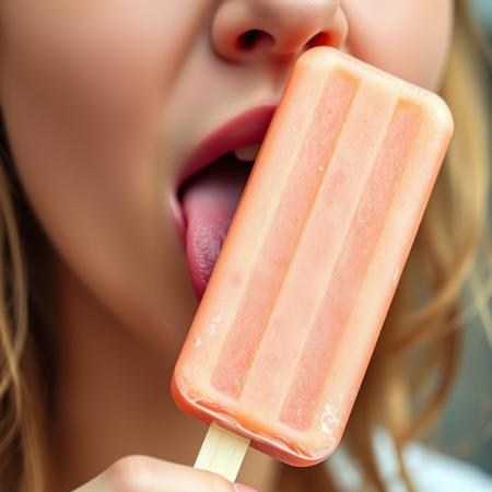 Side view of woman sticking out her tongue to lick a enormous popsicle. Extreme closeup on side of tongue.
