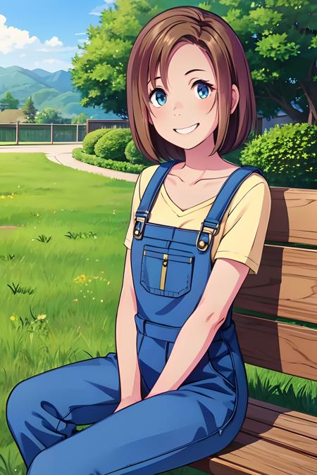 masterpiece, best quality,1girl, solo, CHIGUSA, short hair, brown hair, straight hair, blue overalls, evil smile, teeth mouth, sitting, outdoors, sitting on a bench,