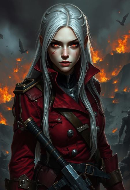 A detailed, dark fantasy digital painting featuring a young woman with long, pale silver hair, and piercing red eyes, marked by scars on her face. She is dressed in a crimson military-style uniform, adorned with metal embellishments, giving her a battle-hardened look. The backdrop is a chaotic battlefield filled with fire and destruction, enhancing the sense of conflict and turmoil. She holds a large weapon, her expression focused and fierce, embodying resilience and determination. The lighting is dramatic, with strong contrasts that emphasize the tension and intensity of the moment, blending realism with a grim, apocalyptic aesthetic.