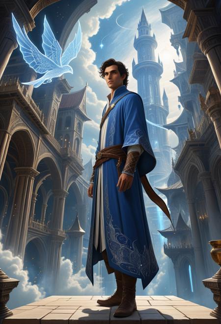 photorealistic A young mage, with a slender build and sharp, inquisitive eyes, stands on the edge of a floating city. He wears elegant blue and white robes, embroidered with intricate silver patterns that shimmer under the light of the floating city's glowing crystals. His dark hair, tousled by a gentle breeze, frames a face filled with wonder and determination. In his hand, he clutches a thick, ancient-looking tome bound in leather, its pages filled with arcane symbols. As he gazes upward, the sky above is a canvas of swirling clouds and distant stars, hinting at the vast expanse of the magical world he is eager to explore. The city itself is a marvel of magic and architecture, with buildings made of marble and glass, suspended by powerful enchantments, casting soft shadows on the ground below. The air is filled with the hum of magic and the distant sounds of magical creatures soaring through the sky.