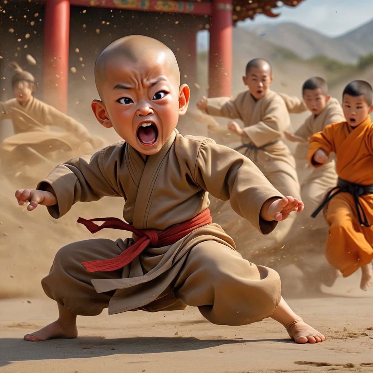 A young boy in a karate outfit yelling at the camera while the other kids are running.