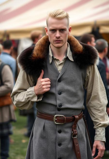 An androgynous man at a renaissance fair wearing a grey canvas kilt, wide-collared shirt, and a spotted grey vest. sealskin across his shoulders