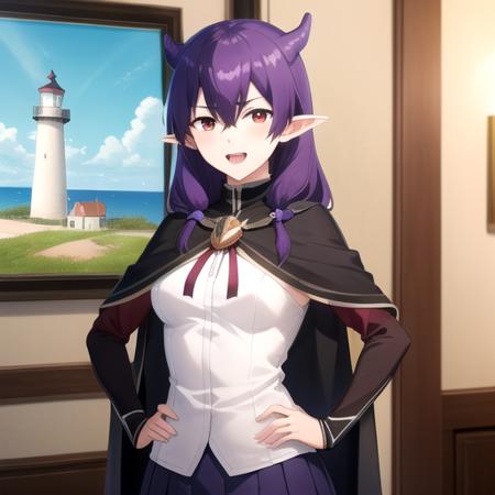 ((masterpiece)),(best quality),official art,extremely detailed CG,unity 8k wallpaper,ultra detailed,A lighthouse on a cliff by the sea,1girl,solo,upper body,(portrait:1.2),looking at viewer,maria (eiyuu kyoushitsu),pointy ears,black capelet,white shirt,long sleeves,juliet sleeves,puffy sleeves,medium breasts,turtleneck shirt,red ribbon,bangs,choker,purple hair,socks,long hair,demon girl,purple skirt,horns,red eyes,glaring,evil smile,hands on hips,open mouth,loafers,<lora:Maria(ek)>,