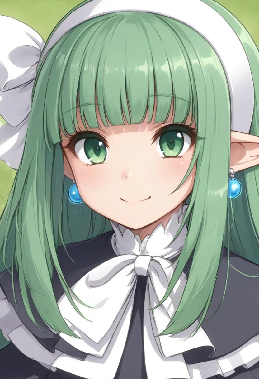 long sleeve,black long dress,Slit in the center dress,green hair,green eyes,capelet,black Long boots,blunt bangs,long dress,earrings,white hair s ribbon,white hairband,pointy ears,ribbon,smile,cheek