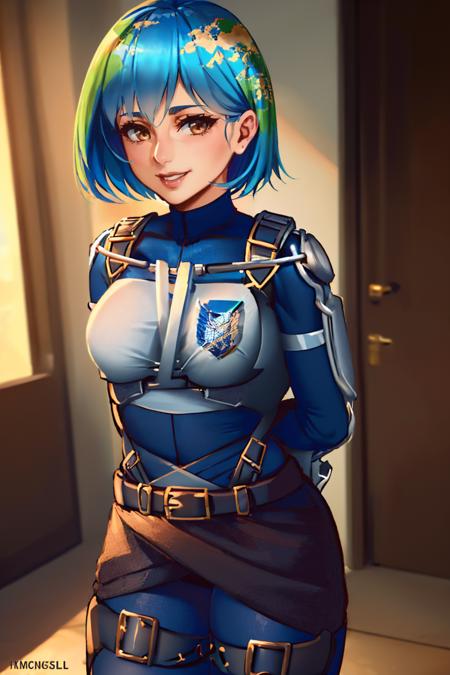 (masterpiece, best quality:1.2), solo, 1girl, earth-chan, smile, looking at viewer, arms behind back, blksurvcorp, breastplate, emblem, belt <lora:gijinkaseries_earth:1> <lora:attire_blacksurvcorp-10:1>