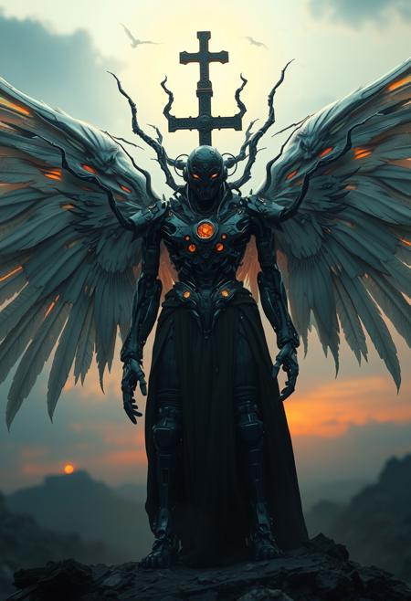 In a non religious setting ,In the biomechanical twilight, a non-catholic  high shaman-machine observes the eternal war. Angelic constructs with bone-white wings clash against demons of living obsidian. Heaven's gates: a labyrinth of flesh and metal. Hell's maw: a pulsating abyss of twisted forms. Souls morph endlessly, caught between light's caress and shadow's grasp. Celestial harmonies battle demonic static. Archangels in exoskeletons of sinew and steel face lords of sin draped in writhing darkness. Hope flickers in neural pathways as despair corrodes. Faith: a virus piercing night's code. Virtue's cyborgs resist the allure of corrupt data. Each consciousness must choose: ascend to digital nirvana or descend into analog chaos. In this surreal spectrum of existence, which reality will your quantum soul inhabit? And no cross on the head