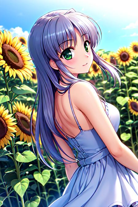 Masterpiece, Best Quality,  <lora:Feena_Local_03_10:1>, Feena, green sundress, sunflower,  sunny, looking back, sunflower hairclip