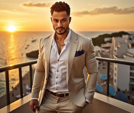 Nautical-themed (Photo:1.3) of (Ultrarealistic:1.3) <lora:Man_Men_FFashion:1> Neymar a man <lora:kunalkhemu-Neymar:1> in a tan suit standing on a balcony, sun behind him, inspired by Pablo Munoz Gomez, shot at golden hour, editorial photograph, midshot of a hunky, by Roman Bezpalkiv, by Artur Tarnowski, maxim sukharev, by Gabor Szikszai,Highly Detailed,(Mono Color:1.3) . Sea, ocean, ships, maritime, beach, marine life, highly detailed