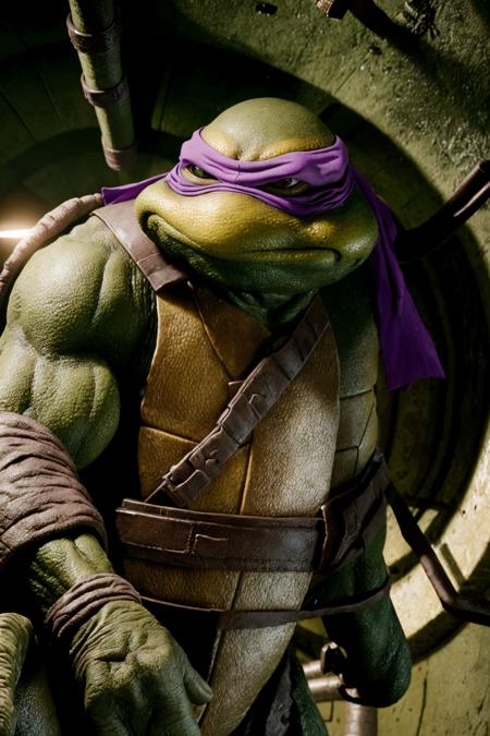 <lora:TMNTDonatello-10:0.8>(RAW photo, real life, absurdres, high quality, photorealistic, detailed, realistic:1.3), (solo:1.3), a high resolution photo of a TMNTDonatello, a teenage mutant ninja turtle with a purple bandana mask with eye-holes, in a dark city sewer interior, sewer interior and pipes in background, cinematic, atmospheric, 8k, realistic lighting, shot by Hassleblad H6D, Zeiss, Kodachrome, nikon, 50mm 1.2 lens, Octane Render, ultra realistic, realistic lighting, photorealistic, photorealism, photoreal, unreal engine 5, Adobe After FX, highly detailed, intricate detail