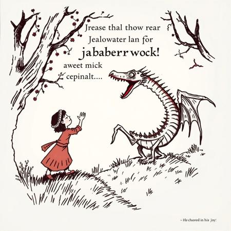 And hast thou slain the Jabberwock?
      Come to my arms, my beamish boy!
O frabjous day! Callooh! Callay!”
      He chortled in his joy.