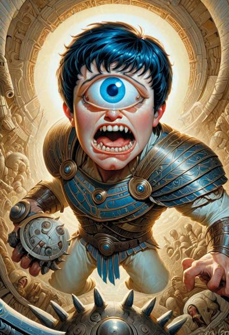 cyclops, one eye, solo, looking at viewer, short hair, open mouth, blue eye,, black hair, 1boy, dressed in armour, by Bill Medcalf and Afarin Sajedi, (luminous , angry , masterful:1.4), poster art, bold lines, hyper detailed, expressive, award winning, (movie still:1.4), (intricate details, masterpiece, best quality:1.4), looking at viewer, dynamic pose, wide angle view, dark limited palette, dramatic lighting,