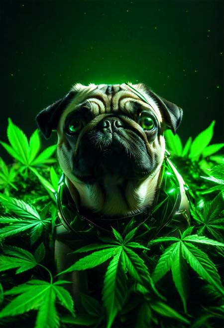 420futurism, closeup shot, from side, pug made of leaves, pug made out of leaves, green leaves, cinematic, cinematic lighting, (masterpiece, best quality:1.4), ultra-high res, 4k, Photorealistic, insanely detailed, sfw,