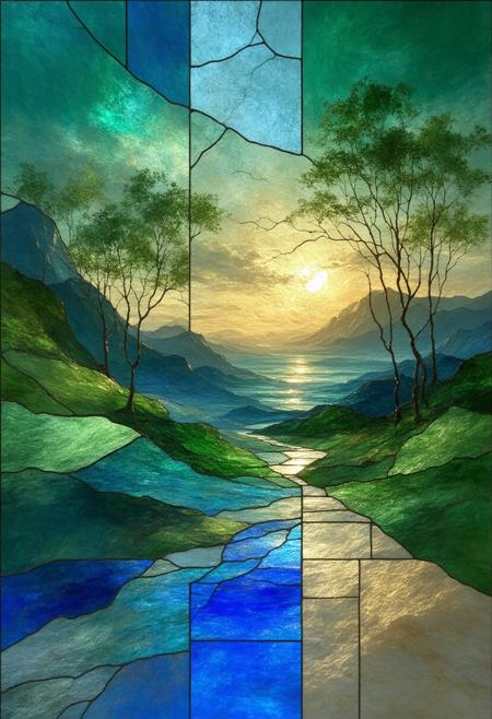 An expansive and dreamlike artwork, depicting an abstract landscape rendered entirely in a stained-glass style, exploding with fragmented perspectives and a symphony of color, realized in a Cubist vision. The composition pulses with vibrant, unnatural hues â emerald green, sapphire blue, molten gold â sharply contrasted by stark black outlines and a pervasive, internal glow radiating from the fractured glass segments. Multiple viewpoints converge, revealing a sense of boundless depth and layered complexity within the seemingly fragmented terrain. Subtle photorealistic detailing â the subtle texture of the glass itself, the reflection of light across the planes, the delicate patterns within the color fields â is meticulously integrated with the geometric fragmentation, blurring the line between abstraction and tangible reality. A soft, kaleidoscopic glow emanates from within the stained-glass elements, intensifying the sense of otherworldly beauty and boundless imagination. Ultra detailed, 8k resolution, volumetric lighting, octane render, a visually arresting and emotionally charged composition, transcending traditional landscape representation and embracing the boundless possibilities of artistic expression.