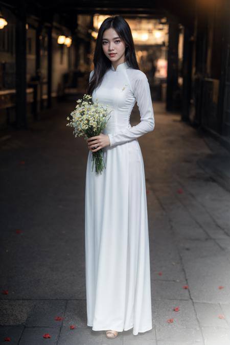 1girl, aodai, photo art, (flower:1.2),<lora:aodai_SD_chiasedamme_v02:0.7>, a stunning photo with beautiful saturation, ultra high res,(realistic:1.4)),deep shadow,(best quality, masterpiece), pale skin, dimly lit, shade, flustered, blush, highly detailed, skinny, BREAK depth of field, film grain, wrinkled skin, looking at viewer, knee, warm smile, (full body:1.2), masterpiece,ultra realistic,32k,extremely detailed CG unity 8k wallpaper, best quality