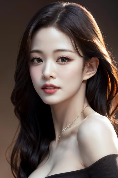 Best quality, masterpiece, ultra high res, (photorealistic:1.4), raw photo,1girl, solo, realistic, lips, black hair, looking at viewer, black eyes, teeth, long hair, hair over one eye, parted lips, nose, close-up, brown hair, simple background, brown eyes, black dress, off shoulder